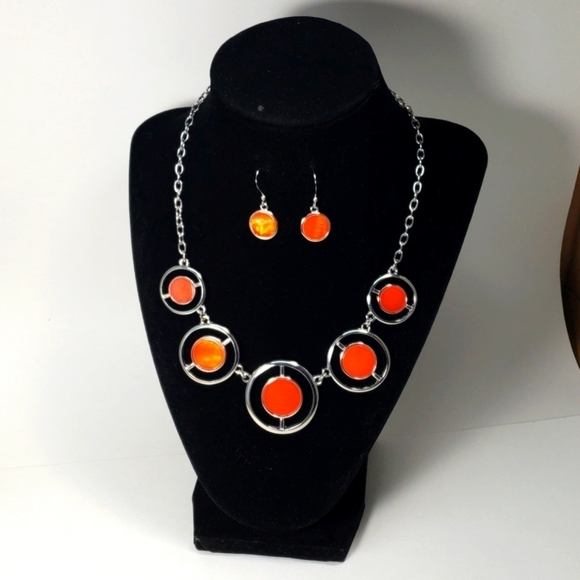 Women's Silver tone Round Hoop - Blood-Orange Necklace - Matching Drop Earrings - Picture 1 of 7